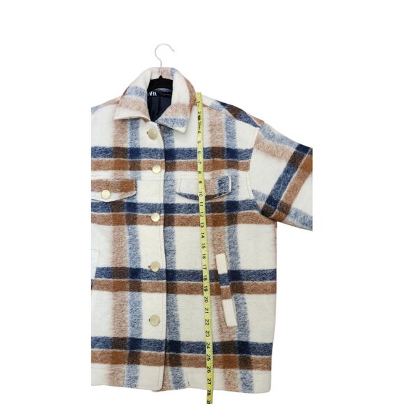 Zara Plaid Wool Blend Jacket With Gold Buttons In Cream Brown And Blue S… - Picture 9 of 11
